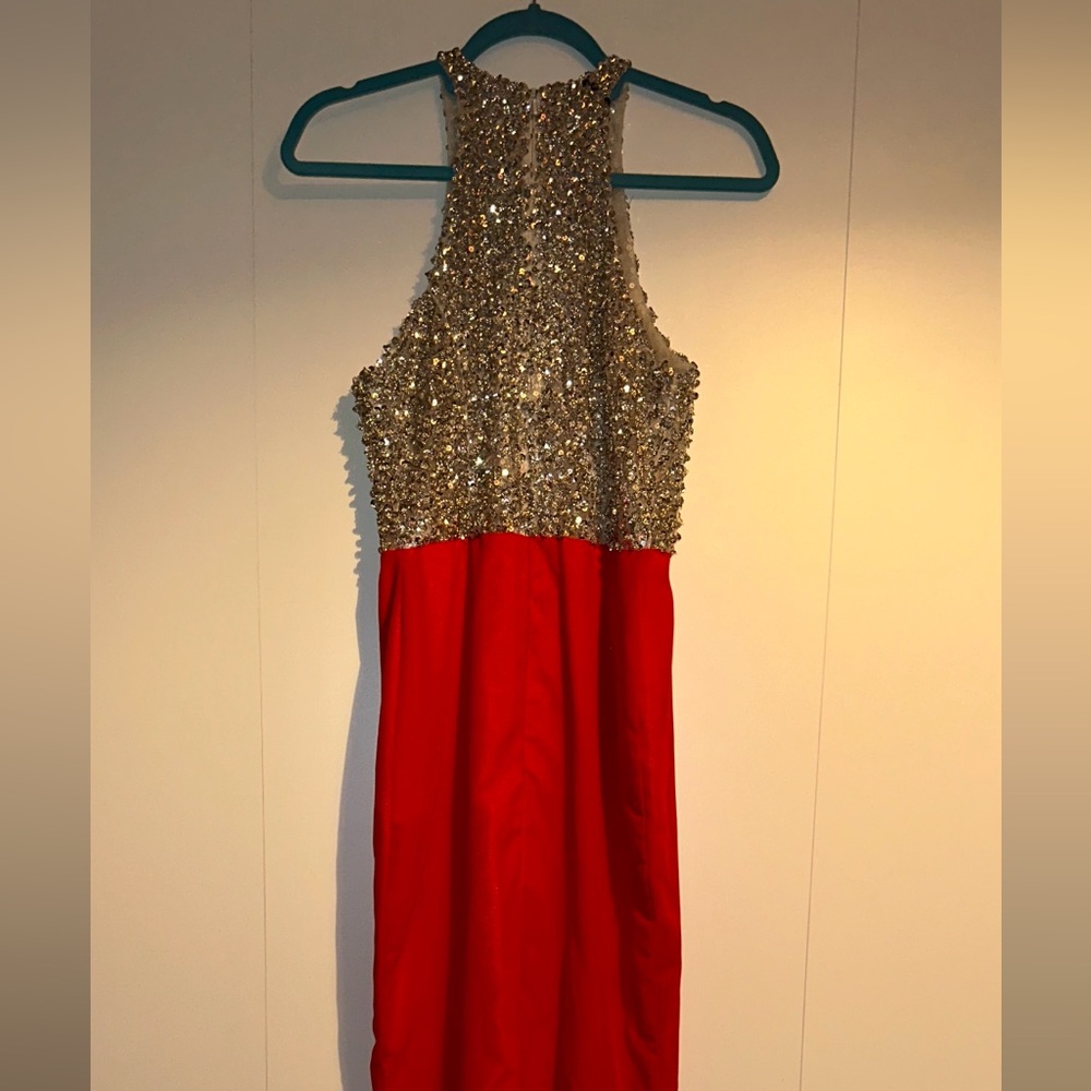 Elegant Red and Gold Sequin Prom Dress